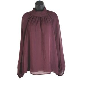Joie Smocked Mock Neck‎ Long Sheer Blouse Wine Red Long Sleeve Size XL Boho